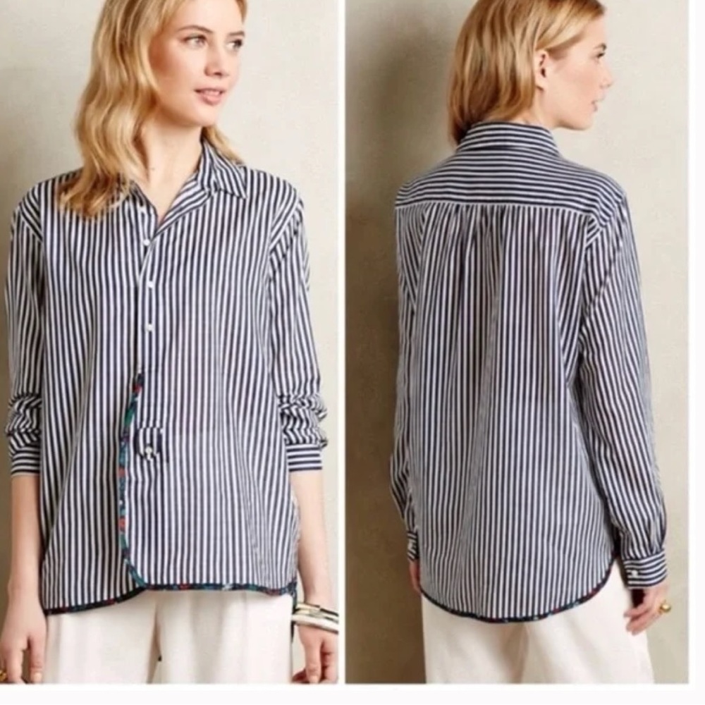 Anthropologie, holding horses, Boho, striped garden, trim, button-down shirt